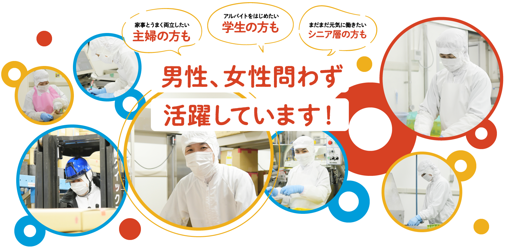 家事とうまく両立したい主婦の方も、アルバイトをはじめたい学生の方も、まだまだ元気に働きたいシニア層の方も、男性、女性問わず活躍しています